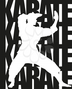 Kid silhouette in sports poses on the background of the inscription Karate