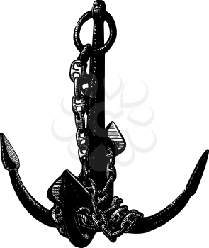 old pirate boarded four-legged anchor with a chain on a white background