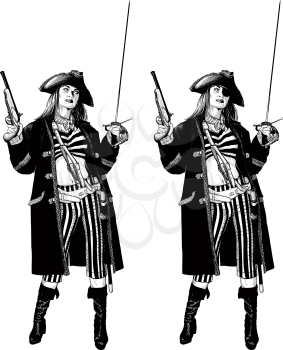 girl a pirate captain in a cocked hat and camisole and vest stands holding up a gun and a sword. Two face options with and without eye patch