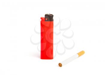 bright disposable lighter and cigarette isolated on white background