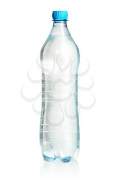 transparent closed plastic bottle full of water with blue cap isolated on white background