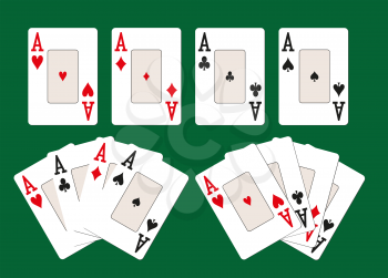 Four classic card aces of different suits on a green casino table