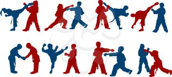 figures of sportsmen children boys and girls sparring in karate