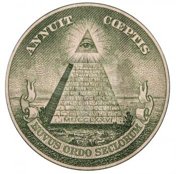 close-up of a fragment of a US bank one dollar bill with a Masonic pyramid symbol and an all-seeing eye