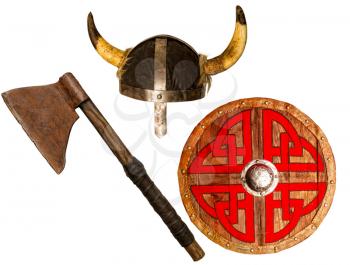 rusty battle ax wooden shield and horned viking helmet