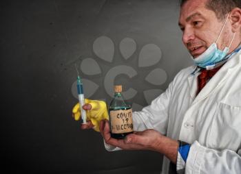 A sloppy unsterile doctor in a dirty medical coat advertises a fake coronavirus vaccine
