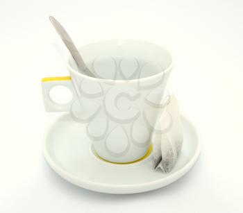 White cup of tea with silver teaspoon on the white background.