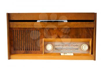Retro wooden vinyl gramophone isolated on white.