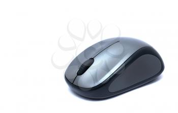 Gray wireless mouse placed on a white background.