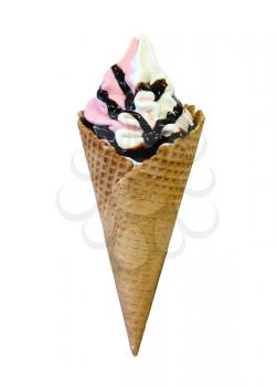 Strawberry and vanilla soft serve ice cream with chocolate topping in cone isolated on a white background.