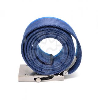 Blue rolled belt placed on a white background. Belt is made from polyester and it has metal buckle and two shades of blue color.