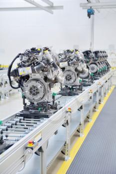 Newly manufactured engine on the production line in a factory.