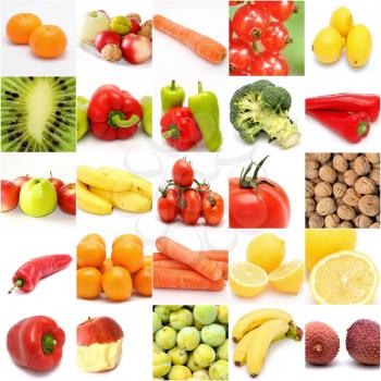 Square collage with fruit and vegetable on white background.