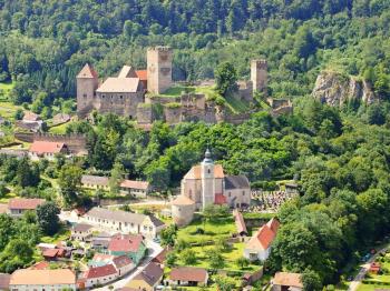 View from scenic spot on valley with Hardegg town and castle in Lower Austria.  