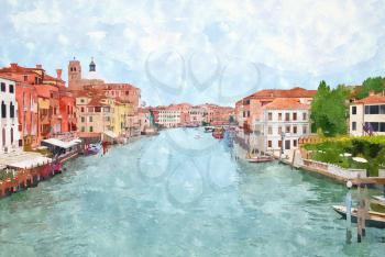 Abstract watercolor digital generated painting of the main water canal in Venice.