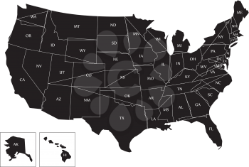 Map of the USA with name of each states and with black color.