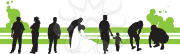 Vector illustration of silhouettes of people with green stripes and green circular.