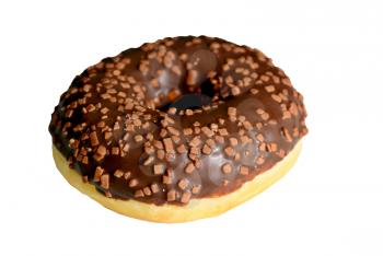 Closeup of one doughnut with chocolate glaze isolated on a white background.