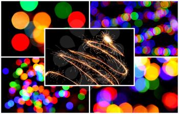 Christmas collage with blurred colorful bokeh circle lights and abstract illuminated tree.