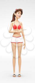 3D Rendered Animated Character in Casual Two-Piece Swimsuit Bikini, Isolated on White Spotlight Background
