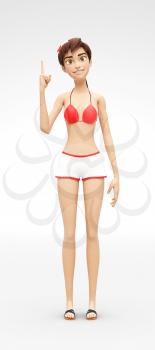 3D Rendered Animated Character in Casual Two-Piece Swimsuit Bikini, Isolated on White Spotlight Background
