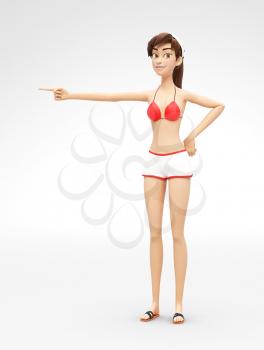 3D Rendered Animated Character in Casual Two-Piece Swimsuit Bikini, Isolated on White Spotlight Background
