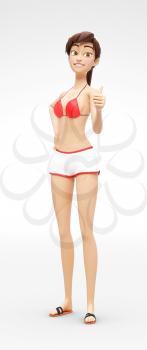 3D Rendered Animated Character in Casual Two-Piece Swimsuit Bikini, Isolated on White Spotlight Background
