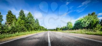 Beautiful road panorama in forest. Summer landscape