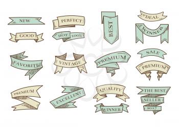 Retro hand drawn cartoon vector ribbons with marketing messages. Vintage ribbon set isolated on white background