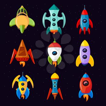 Cartoon spaceships isolated on white background. Rocket and futuristic spacecraft set vector illustration