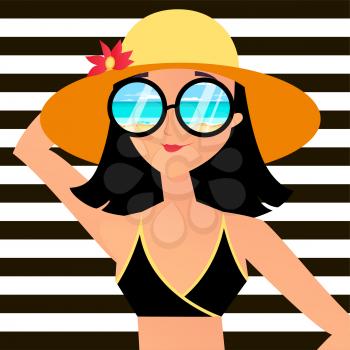Girl in yellow hat. Woman beauty on vacation in sunglasses. Vector illustration. Trend Strips