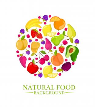Fresh organic cartoon fruits vector icons, design for eco food menu. Color fruit natural healthy, illustration of cartoon organic fruits
