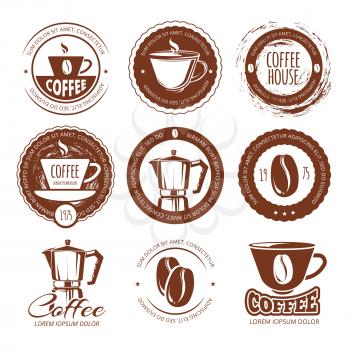 Vector illustration of vintage coffee labels and badges. Logo cafe coffee, emblem round coffee house
