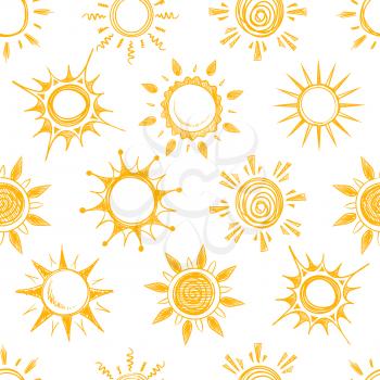 Funny yellow summer sun vector seamless pattern. Background with sun sketch, illustration of natural cartoon hot sun