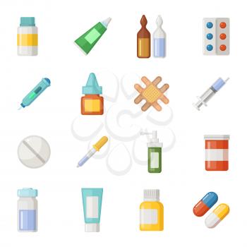 Vector icons set of medications. Drugs and pills isolate on white background. Drug pill for health, syringe and pipette, illustration of ampoule with medical drug
