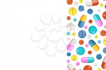 Vector background with pharmaceutical elements. Pills and drugs. Template card banner with color cure, illustration of medical pharmaceutical banner