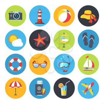 Vector summer icon set. Sunrise, sea and vacation tour. Travel summer icons set, illustration of lighthouse and yacht icons travel