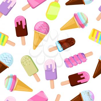 Different ice creams illustrations. Vector seamless pattern. Chocolate and waffle ice-cream pattern background
