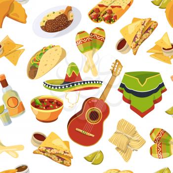 Mexican food vector seamless pattern on white background. Mexican pattern vintage, illustration of traditional mexican background