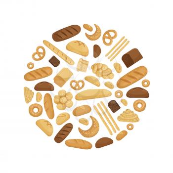 Bread and tasty bakery foods in circle shape. Vector illustration in cartoon style. Tasty fresh bread and bakery snack for breakfast and lunch