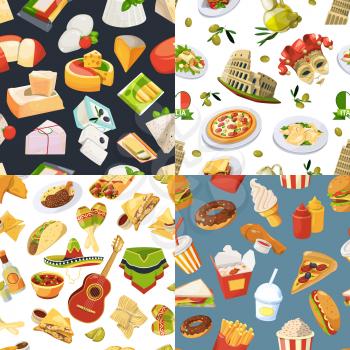 Big seamless pattern set with different worldwide cuisines of mexico, europe and italy. Vector fast food illustrations in cartoon style and italian food