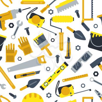Illustrations for work shop. Different construction tools. Repair set. Vector seamless pattern in flat style. Equipment industrial hammer and saw seamless pattern