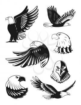 Monochrome illustrations set of eagles. Vector elements for logo, badges or labels design. Bird eagle silhouette, freedom eagle flying illustration