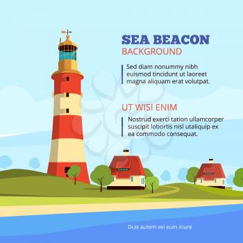 Rock stones island with lighthouse on it. Marine vector cartoon background illustration. Sea lighthouse on island