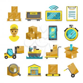 Container boxes, trucks, ships and other cargo icons. Vector illustrations. Box container for transportation, shipping package and export logistic