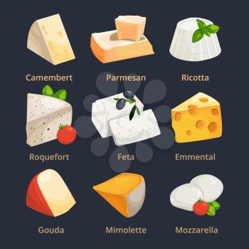 Cartoon illustration of different cheeses. Vector pictures set cheese camembert and parmesan, ricotta and mimolette