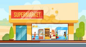 Supermarket in front view with shopping people in checkout line. Seller assistants. Vector illustration in flat style. Building exterior supermarket, showcase super market grocery