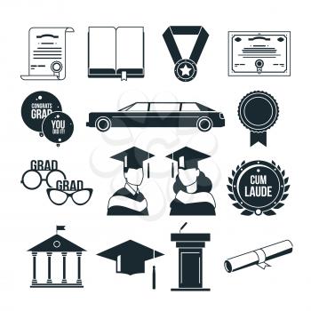 Students graduation party in monochrome style. Black vector icons set. University or college graduate, certificate graduation illustration