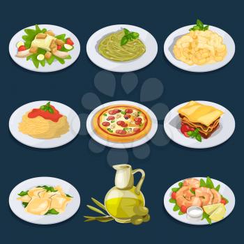 Different food from italian cuisine. Pasta, pizza and others. Vector illustration set of italian cuisine spaghetti and pizza