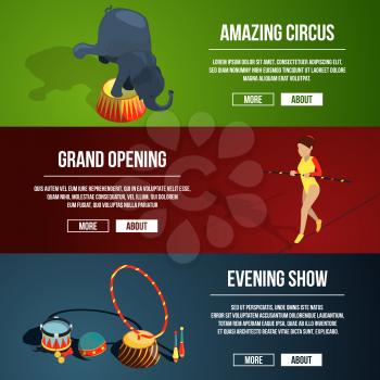 Invitation to the circus magic show. Three horizontal vector banners set in cartoon style. Amazing circus and grand opening banner illustration